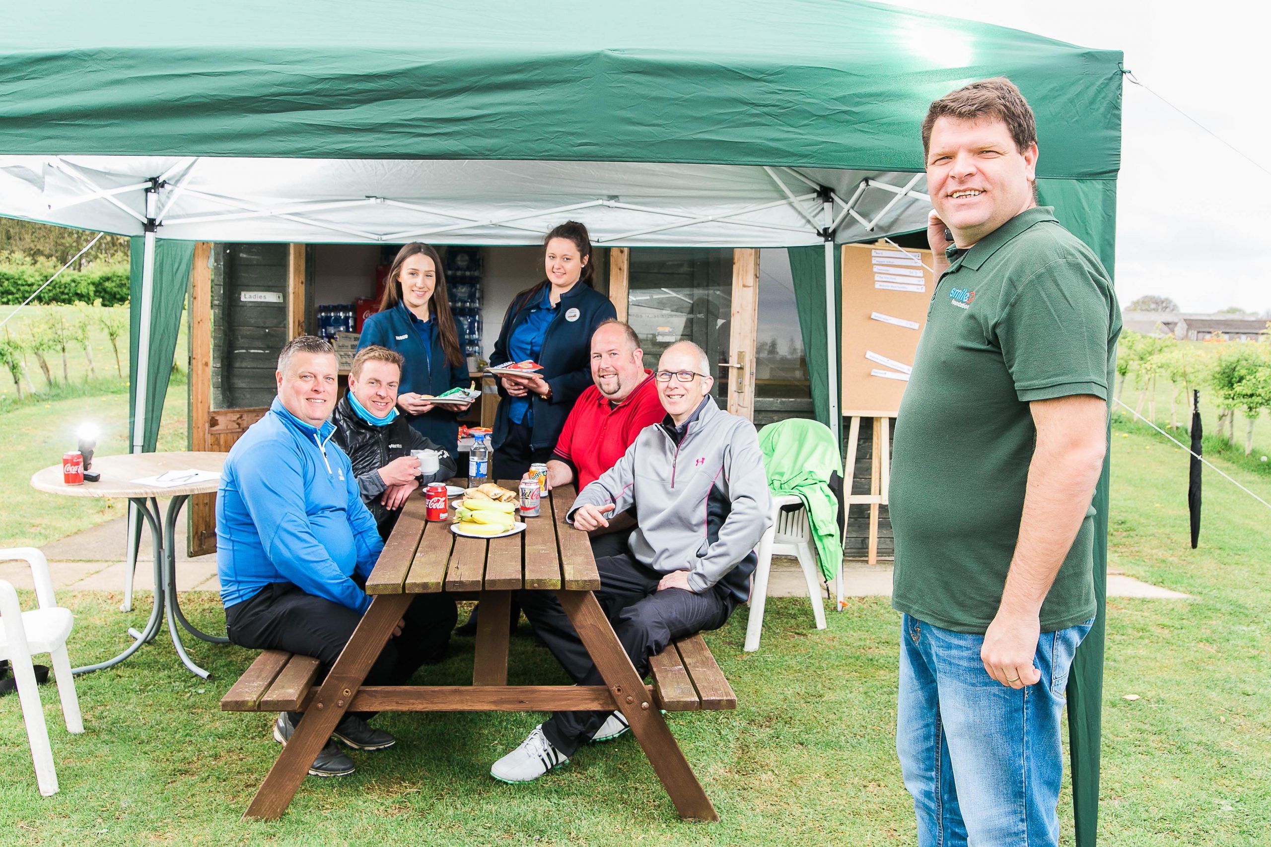 Smile Foundation charity held a Golf day at Burstwick Golf Club near Hull and were supported by Tesco's St Stephens store who provided refreshments to participants. Andy Barber (right) from the Smile Foundation is pictured with l to r; Bob Mills, John Davis, Tescos' Becca Oakshott and Chelsea Davison and golfers Paul Atkinson and Jon Tyson from the Santander team. (CONSENT FORM SIGNED)